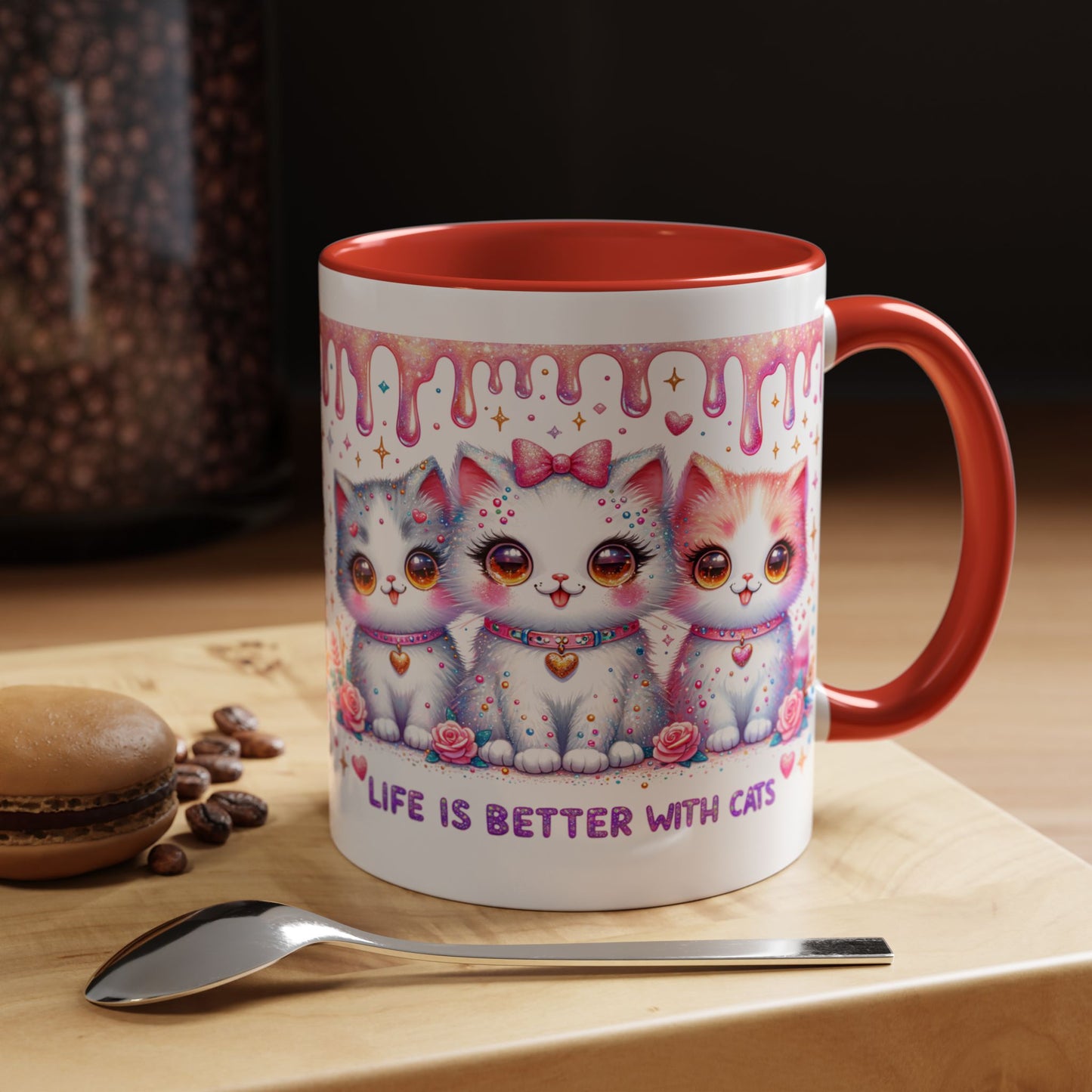 Cute Pastel Kawaii Cat Mug – "Life Is Better With Cats" Accent Coffee Cup (11/15 oz)