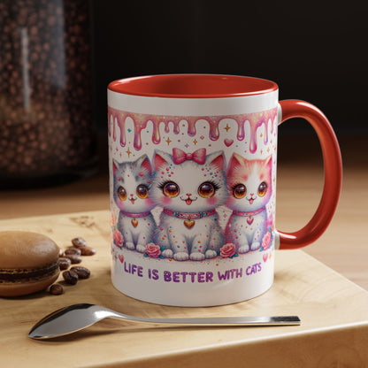 Cute Pastel Kawaii Cat Mug – "Life Is Better With Cats" Accent Coffee Cup (11/15 oz)