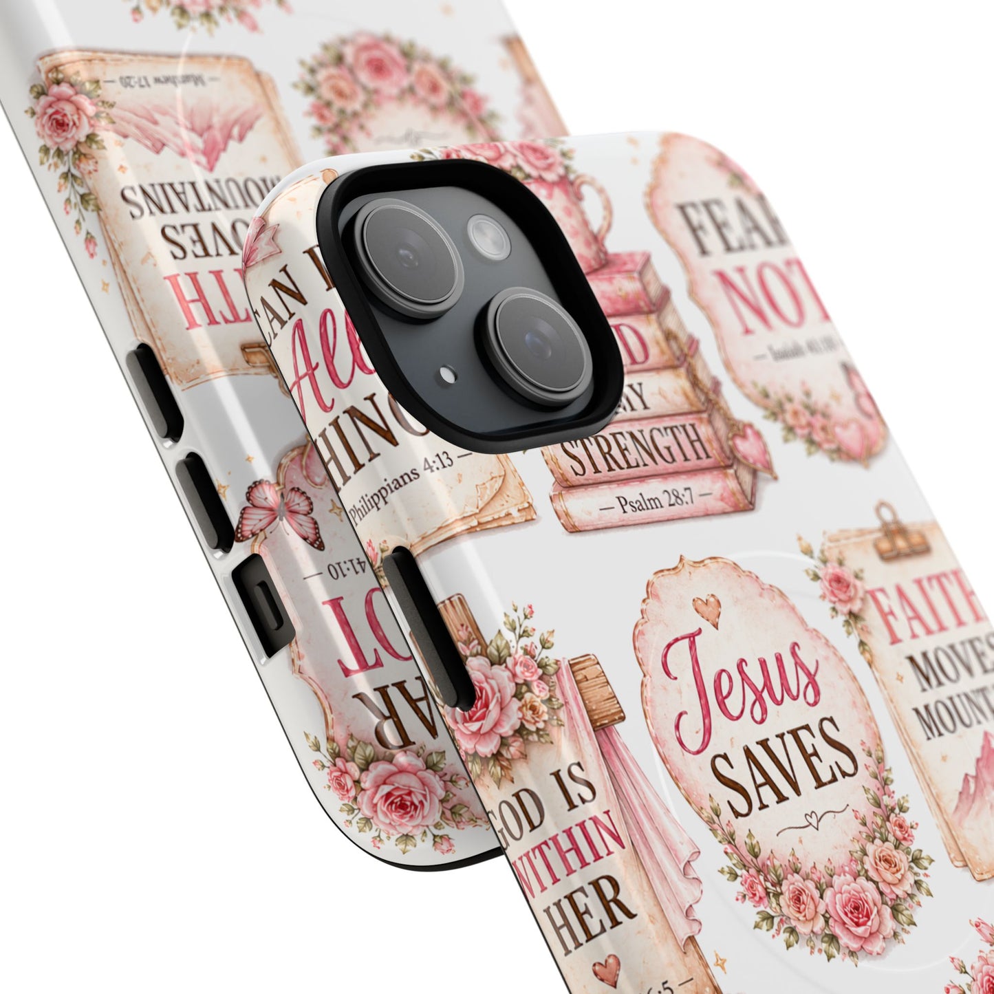 Christian Faith iPhone Tough Magnetic Case — 'Jesus Saves' Floral Scripture Design (Fear Not, Faith Moves Mountains)