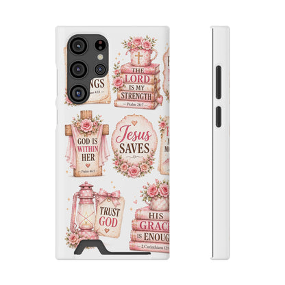 Christian Floral Phone Case with Card Holder — 'Jesus Saves' Inspirational Design