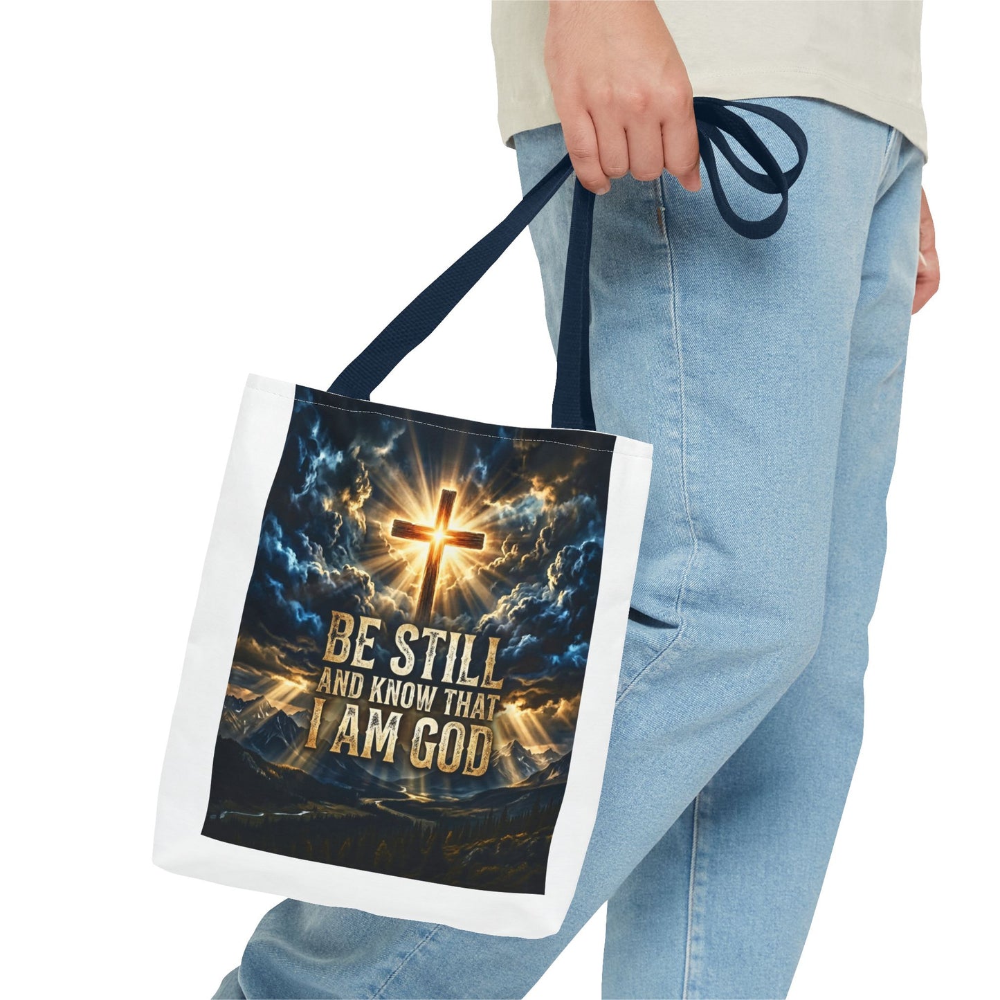 Christian Tote Bag – “Be Still and Know That I Am God” Inspirational Cross Tote