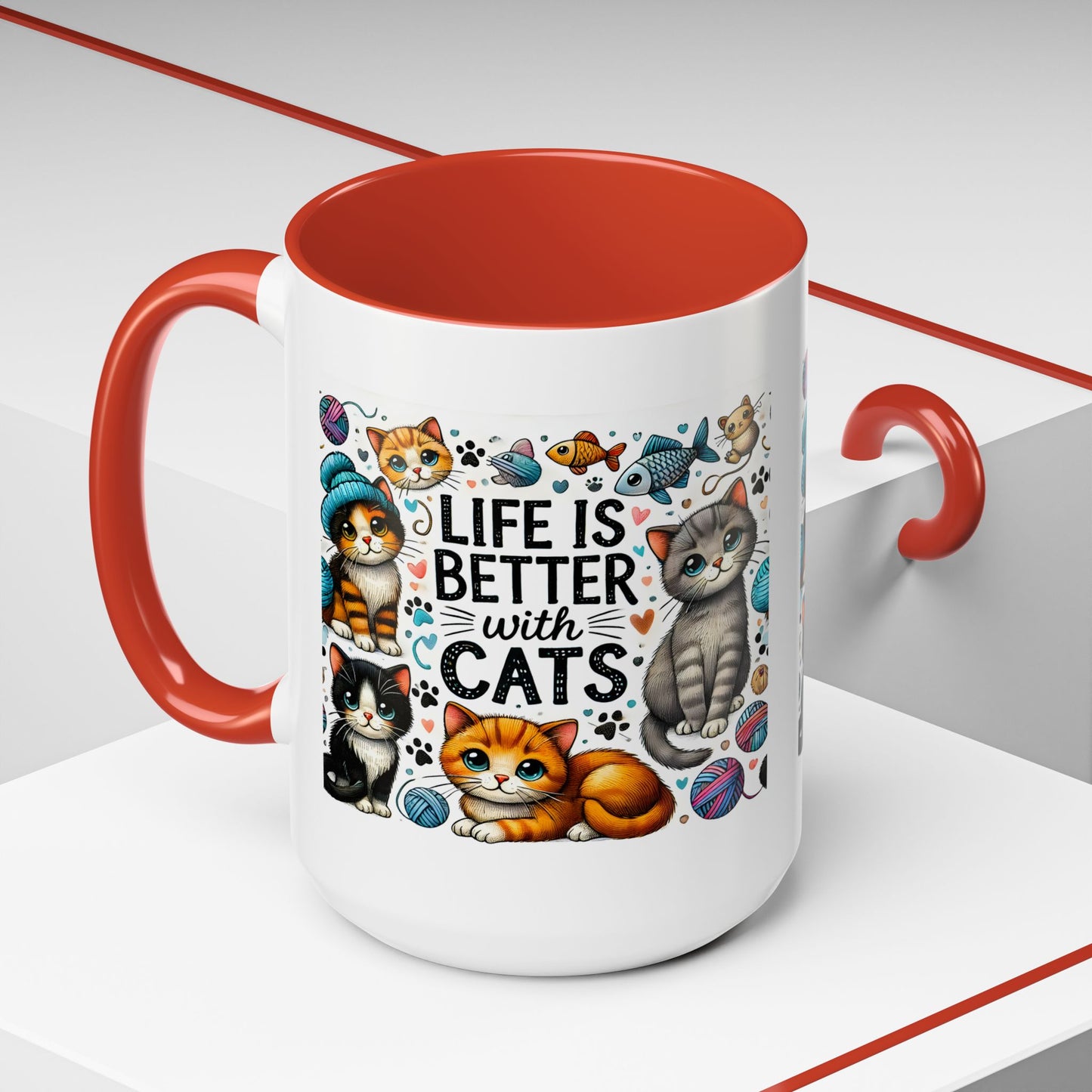 Life Is Better With Cats Accent Coffee Mug – Cute Kitten Ceramic Tea Cup (11/15oz)