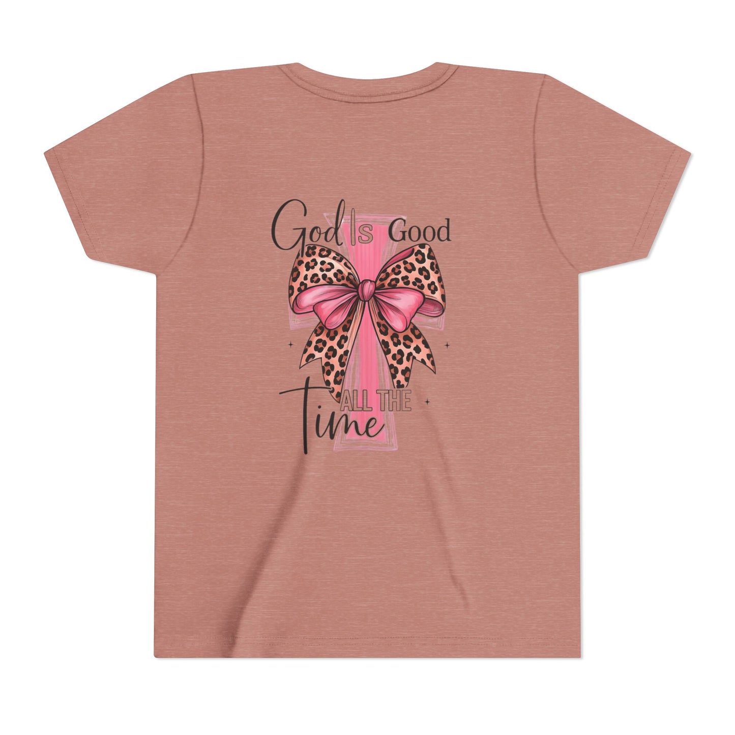 Youth Tee — "God is Good All the Time" Pink Cross with Leopard Bow