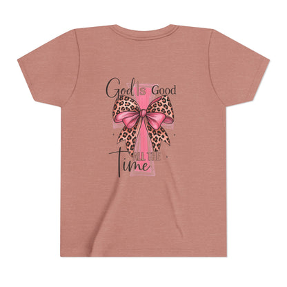 Youth Tee — "God is Good All the Time" Pink Cross with Leopard Bow