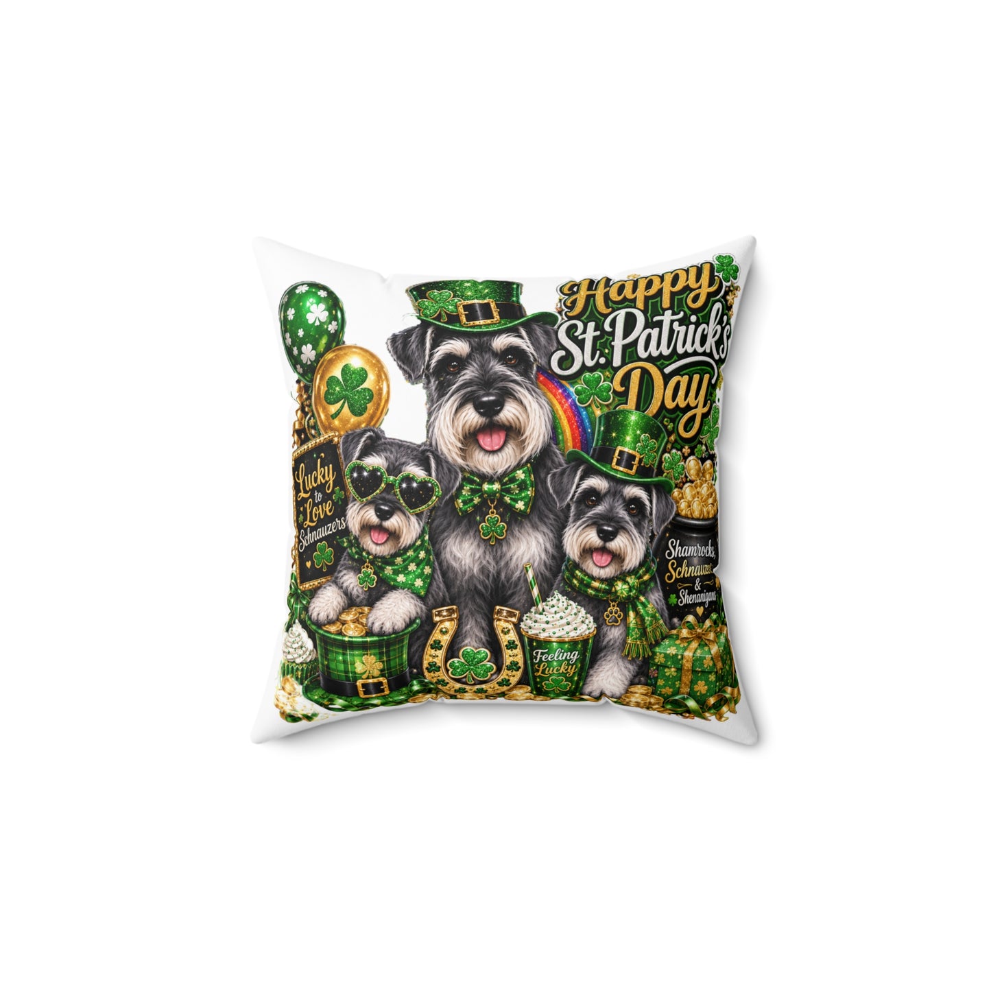 Happy St. Patrick's Day Dogs Decorative Pillow — Shamrock Schnauzer St. Patty’s Throw Pillow