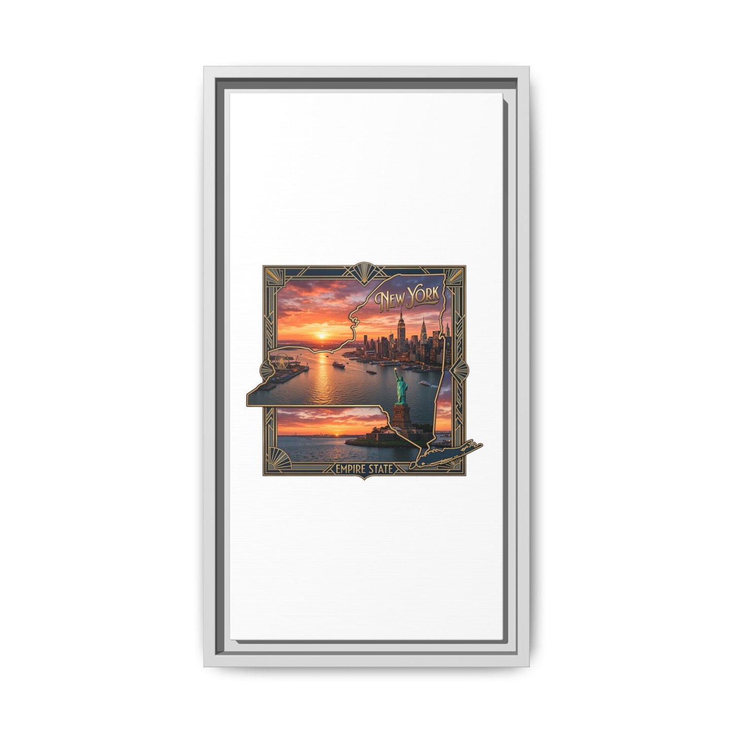 Framed Matte Canvas Wall Art — New York City Sunset Skyline with Statue of Liberty