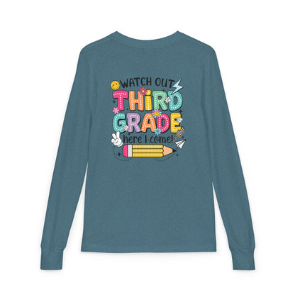 Youth Long Sleeve Tee "Watch Out Third Grade Here I Come" Back-to-School Shirt