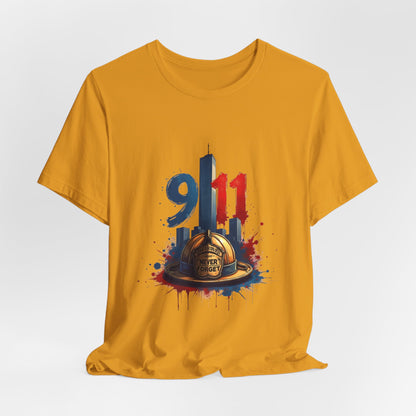 9/11 Firefighter Memorial Tee — Tribute T-Shirt with Helmet & Twin Towers Design