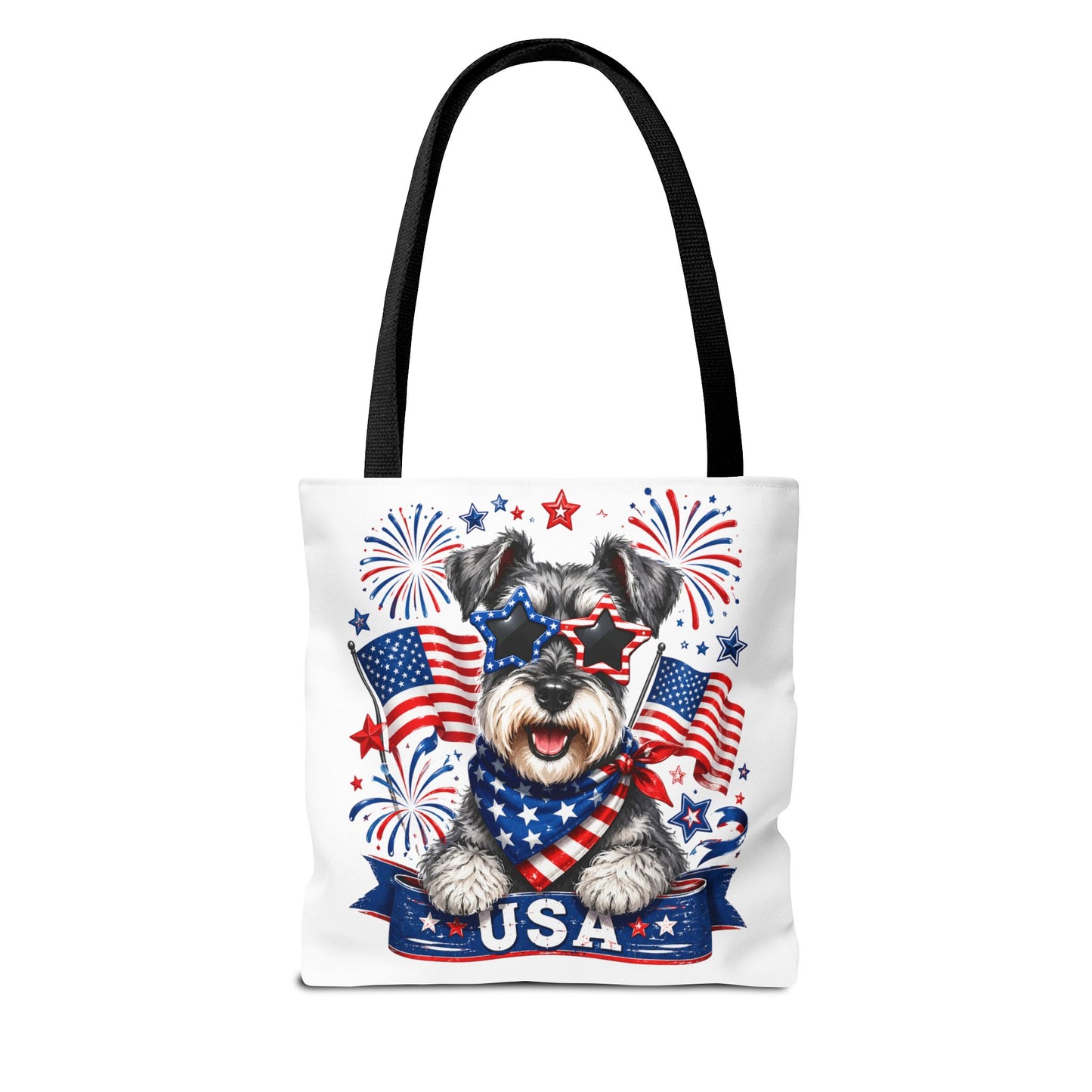 Patriotic Schnauzer Tote Bag — USA Flag Fireworks All-Over Print