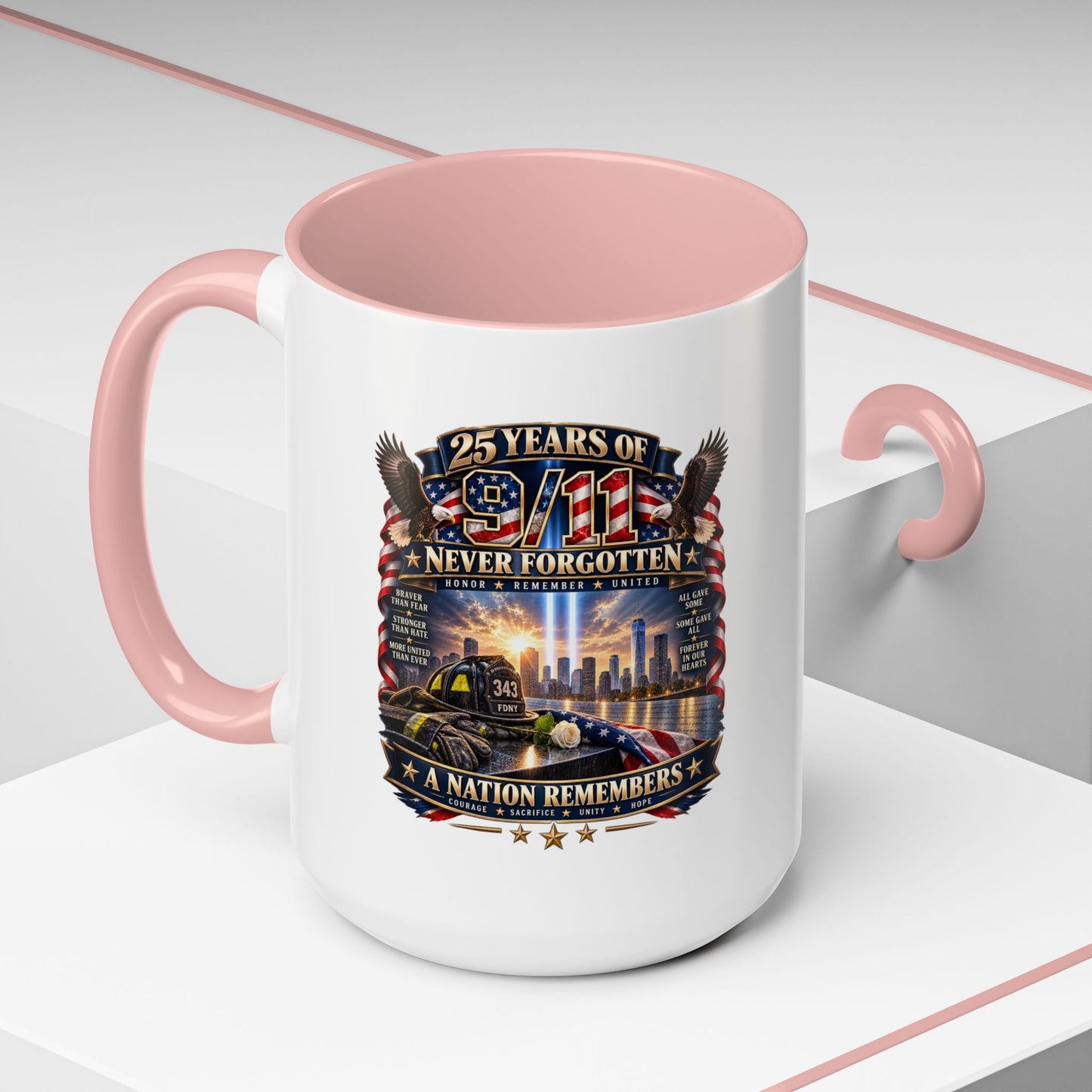 9/11 Memorial Coffee Mug — "25 Years of Never Forgotten" Patriot Tribute