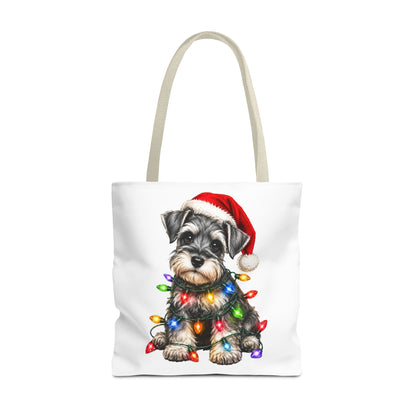 Christmas Schnauzer Tote Bag — Cute Puppy with Santa Hat & Holiday Lights