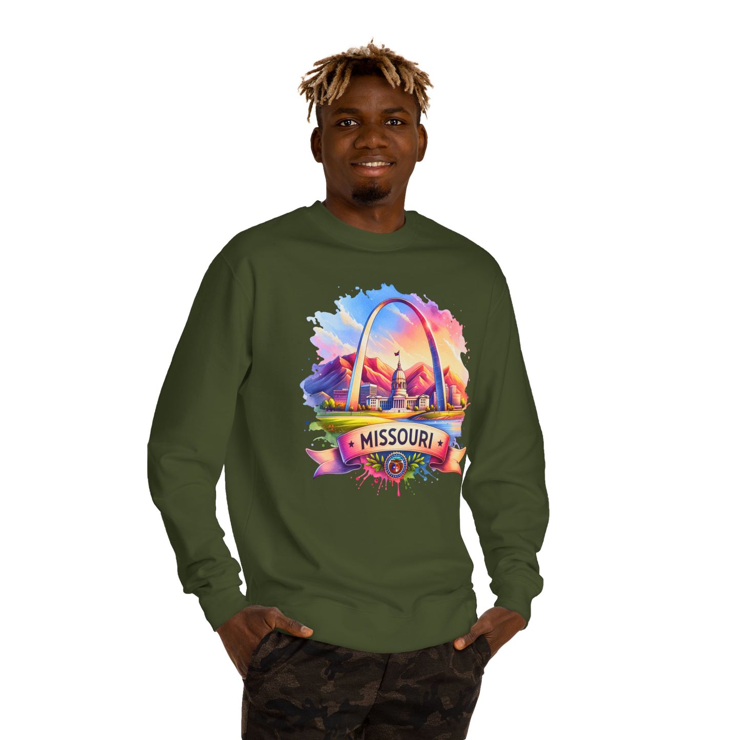 Missouri Arch Watercolor Sweatshirt — Colorful St. Louis Landmark Crewneck