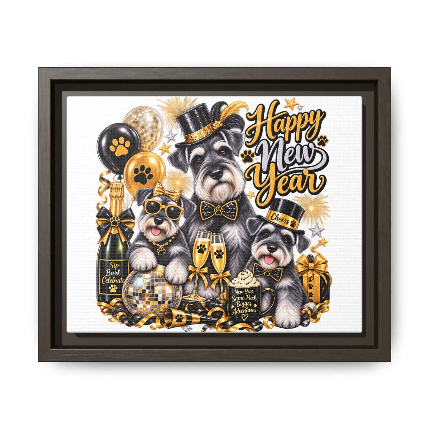 Happy New Year Schnauzer Holiday Canvas Print — Framed Matte Wall Art