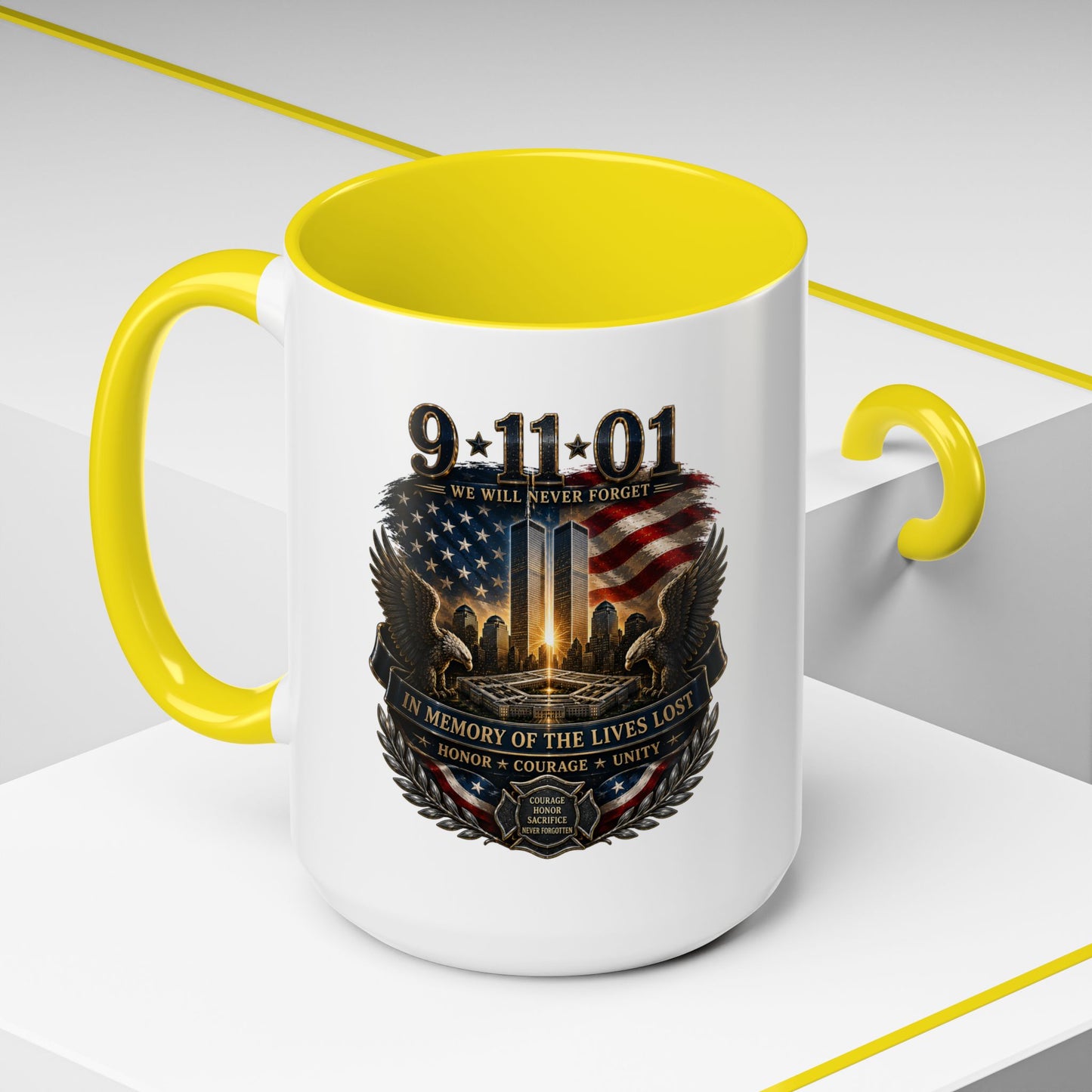 9·11 Memorial Coffee Mug — Never Forget Tribute Accent Mug (11/15oz)