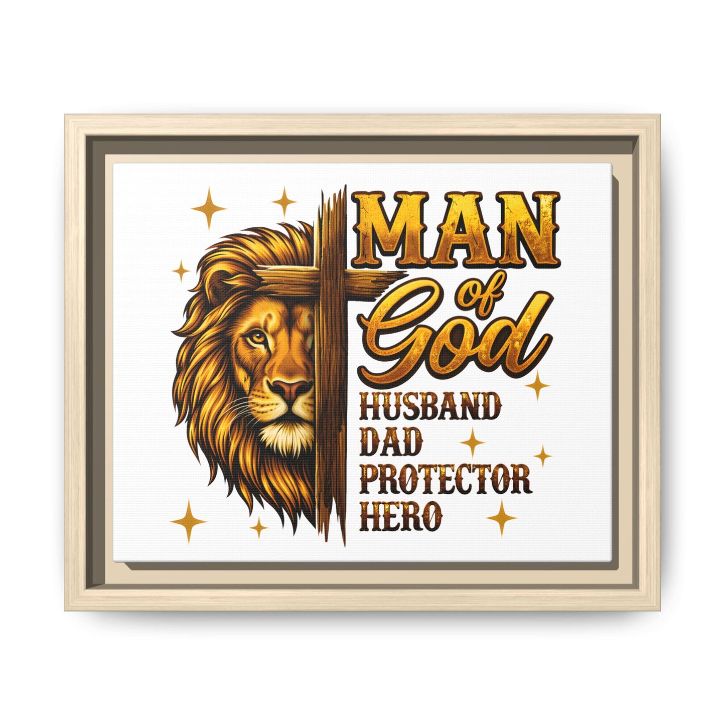 Man of God Framed Canvas Art — 'Man of God: Husband, Dad, Protector, Hero' Religious Wall Decor
