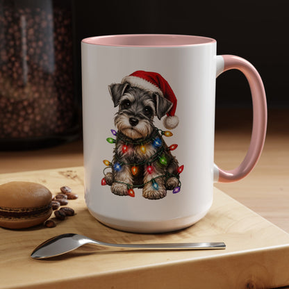 Christmas Puppy Coffee Mug — Schnauzer in Santa Hat with Holiday Lights (11/15oz)