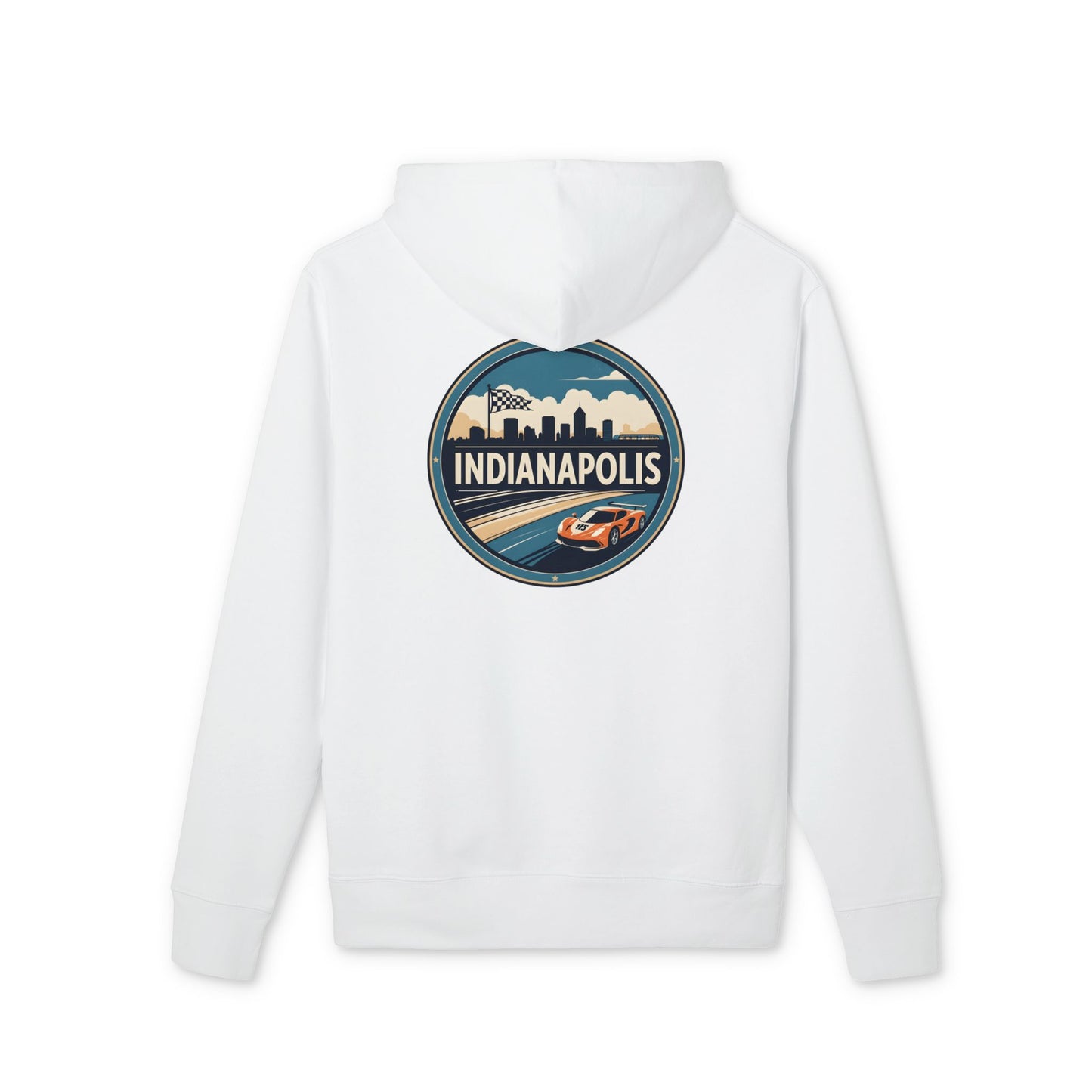 Indianapolis Racing Hoodie — Retro City Skyline & Racecar Design