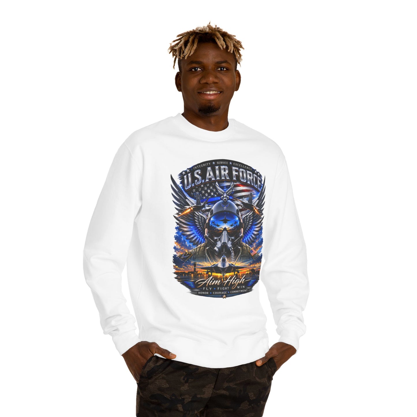 U.S. Air Force Crewneck Sweatshirt — "Aim High" Fighter Jet Graphic