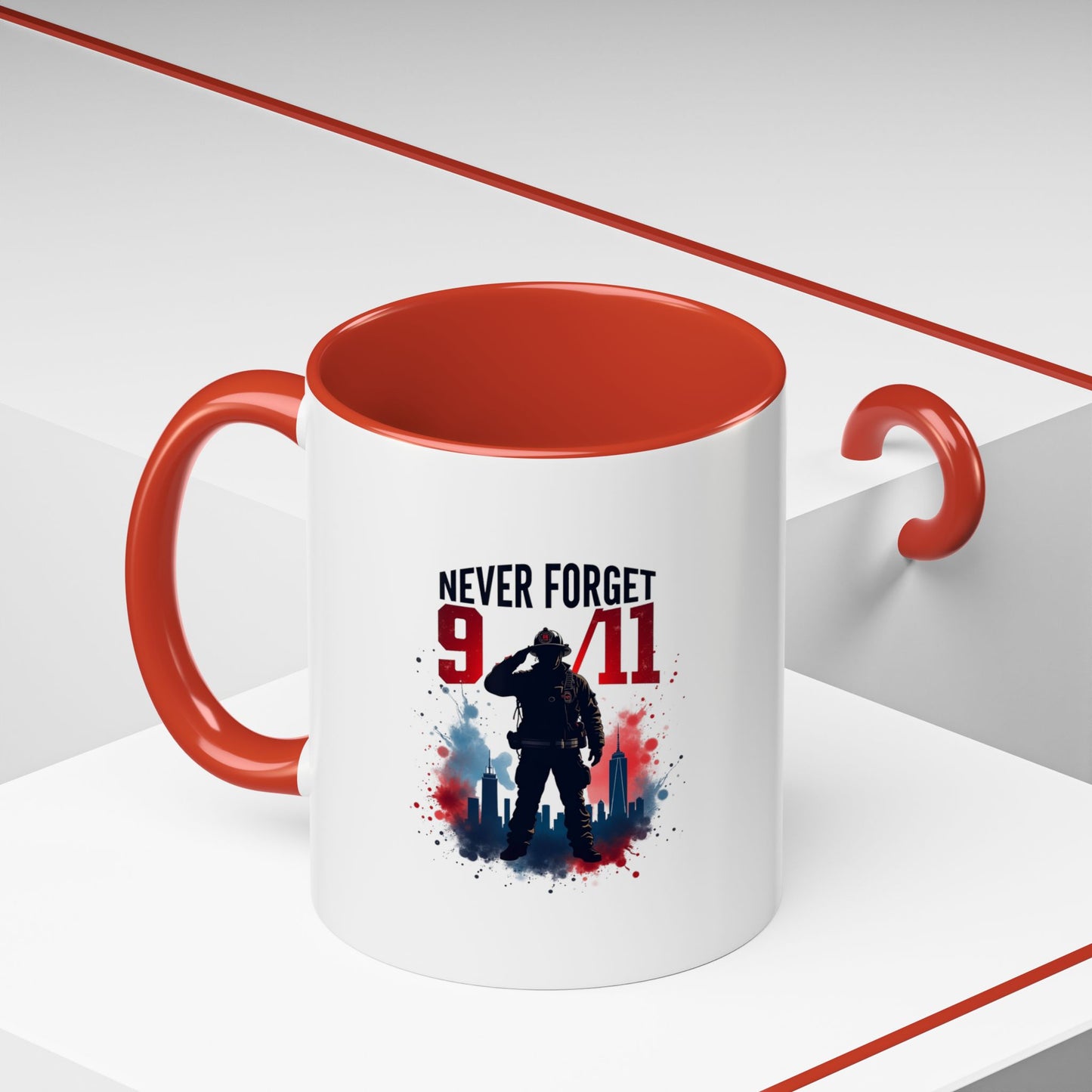 Never Forget 9/11 Accent Coffee Mug — Patriotic Memorial Tribute (11oz, 15oz)
