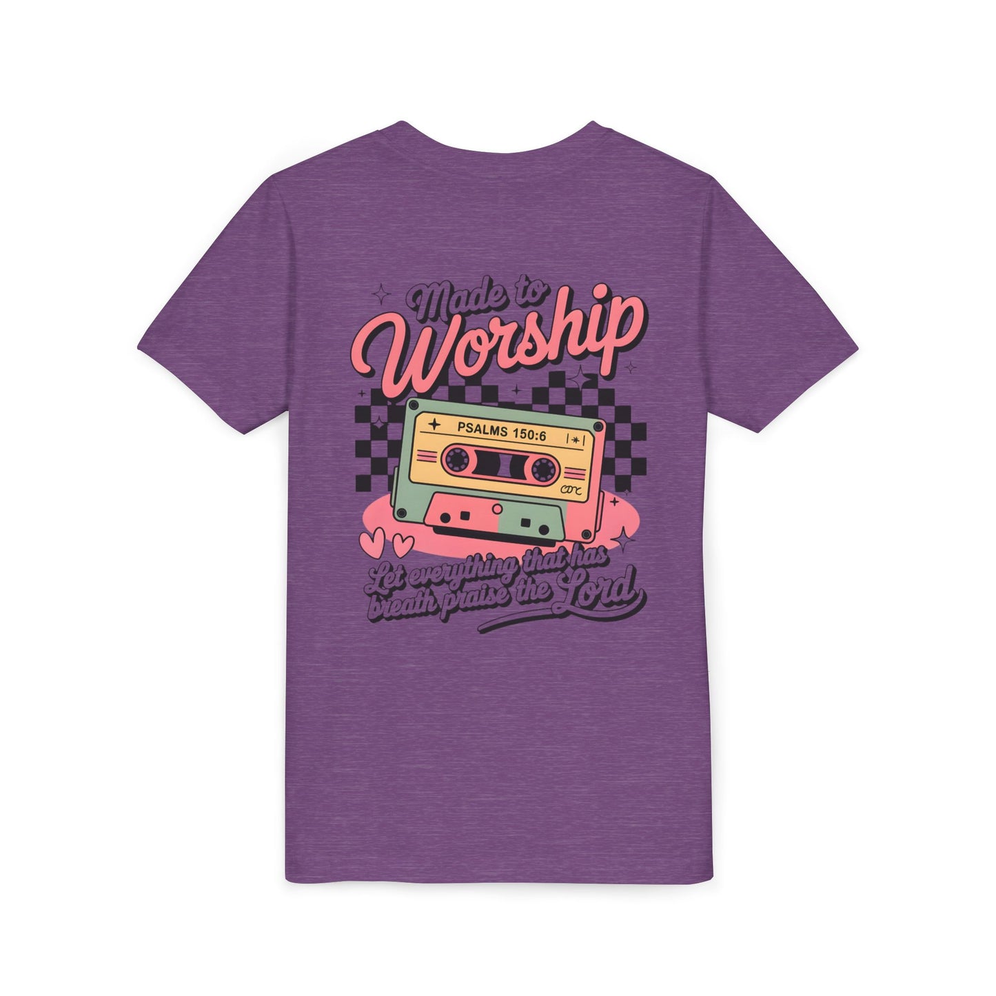 Made to Worship Youth Tee – Retro Cassette Christian Kids Shirt (Psalms 100:4)
