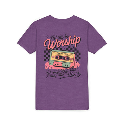 Made to Worship Youth Tee – Retro Cassette Christian Kids Shirt (Psalms 100:4)