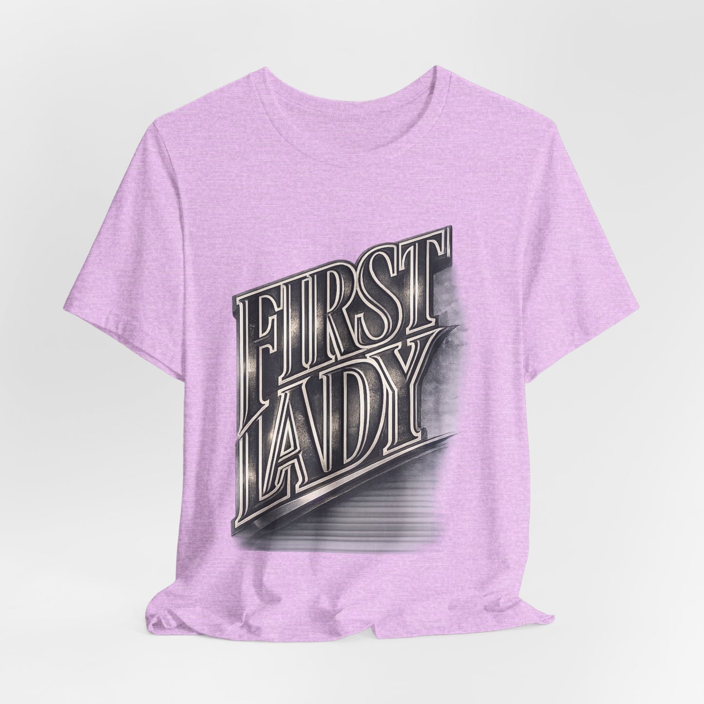 First Lady Graphic Tee — Retro Metallic Script Short Sleeve Shirt