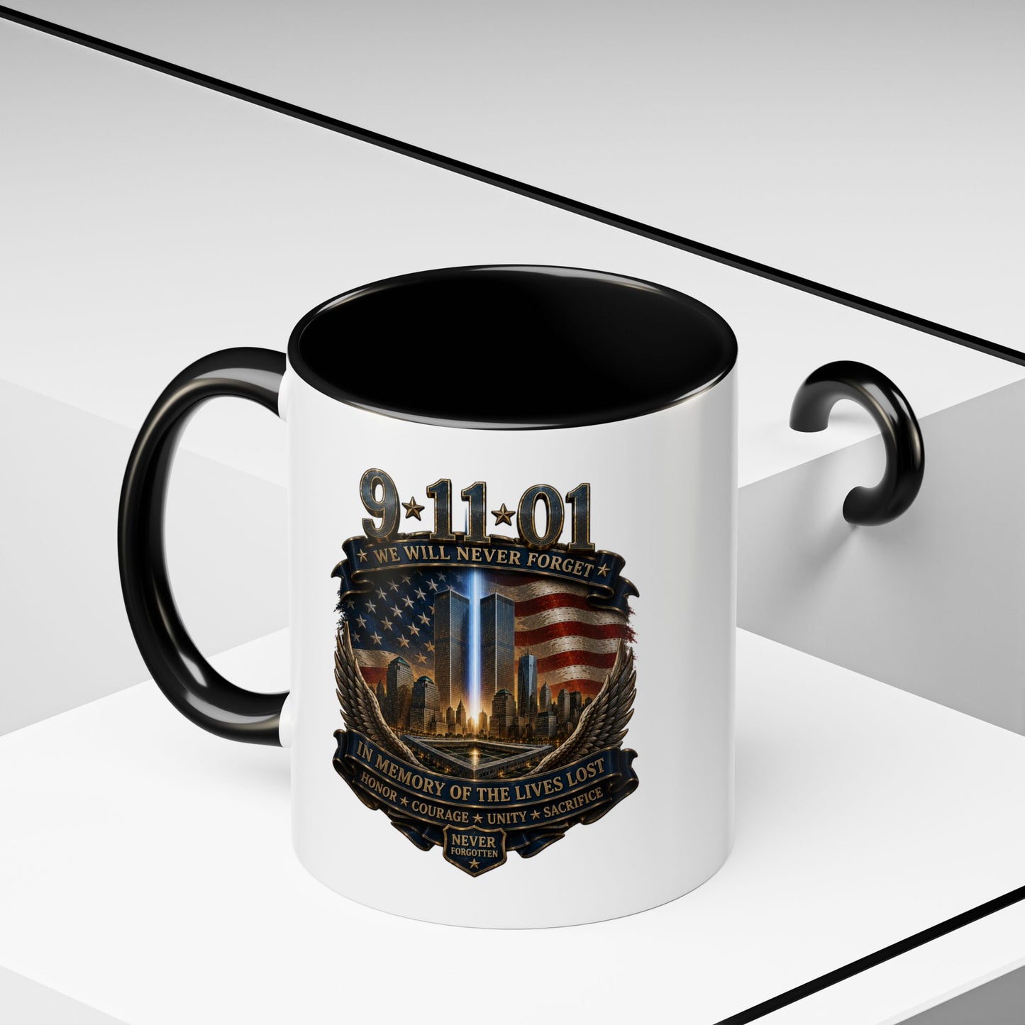 9/11 Memorial Coffee Mug — 'We Will Never Forget' Tribute Accent Mug