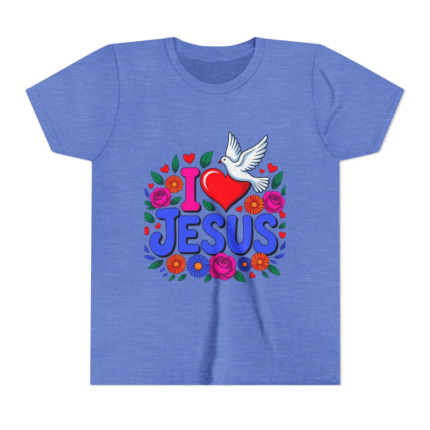 Youth Tee — "I  Jesus" Colorful Dove & Floral Christian Shirt