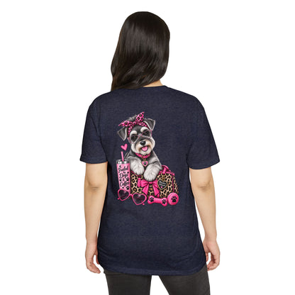 Schnauzer Fashion Tee — Cute Dog with Leopard Bag & 'Faith, Dog, Coffee' Design