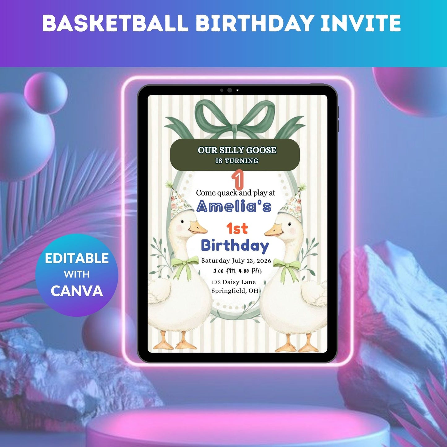 Gingham Silly Goose Birthday Invitation Template | Editable Goose Theme Digital Party Invite