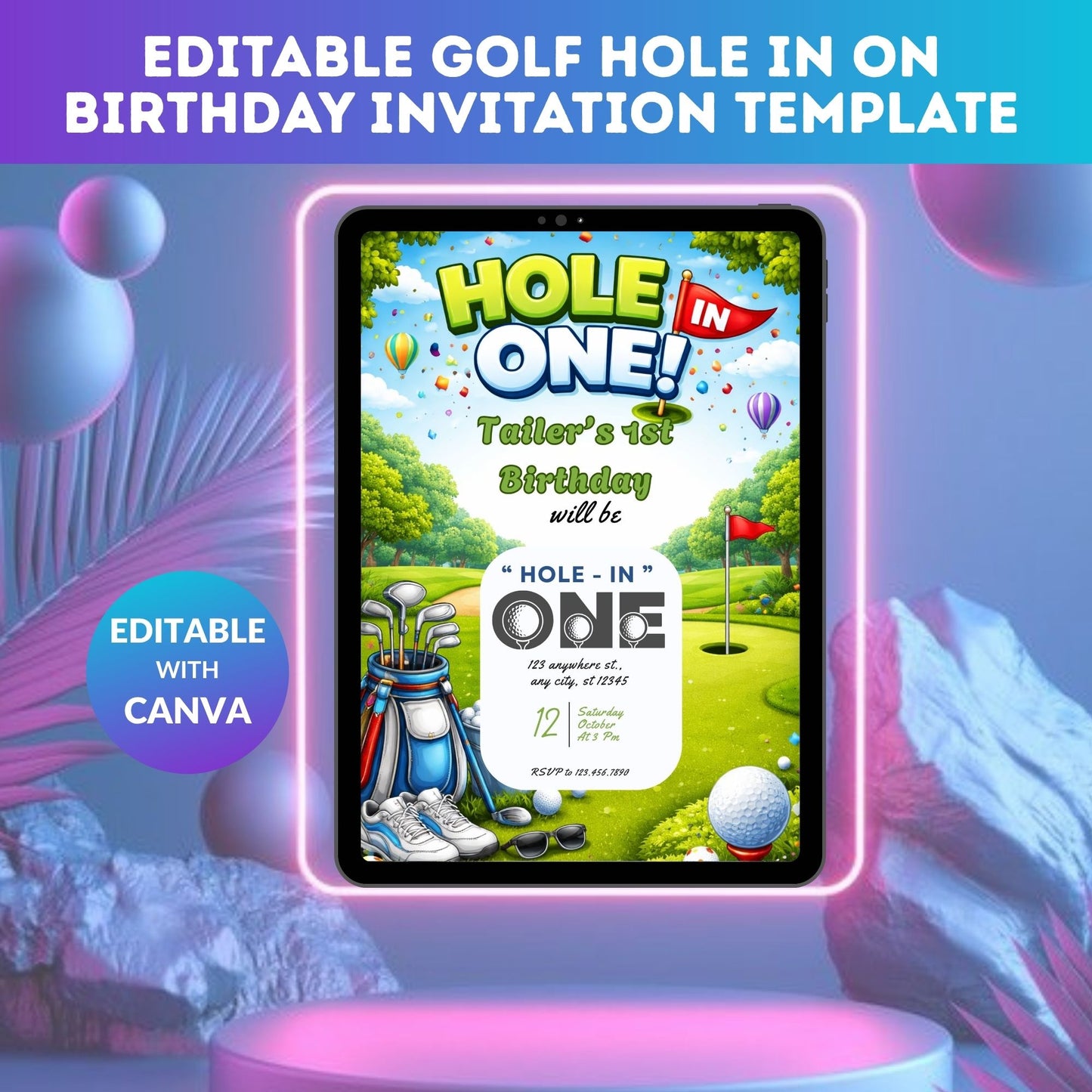Editable Golf Hole In One Birthday Invitation Template | Golf Theme 1st Birthday Digital Invite