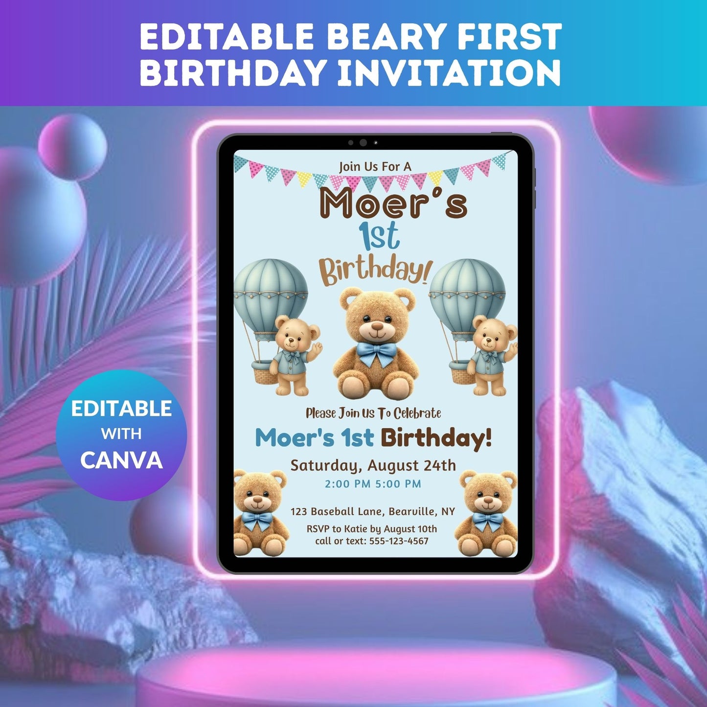 Editable Beary First Birthday Invitation Template | Teddy Bear 1st Birthday Digital Invite