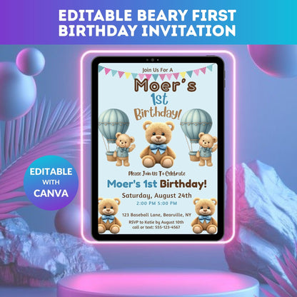 Editable Beary First Birthday Invitation Template | Teddy Bear 1st Birthday Digital Invite