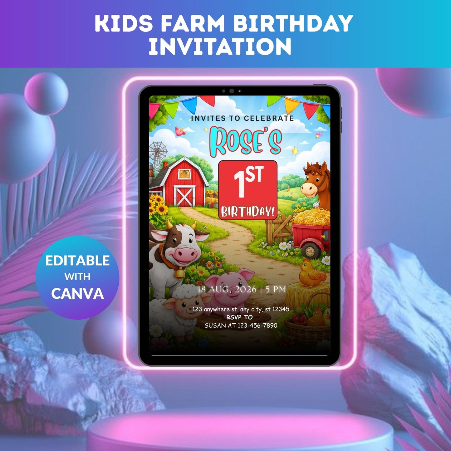 Farm Birthday Invitation Template | Editable Kids Farm Party Digital Invite