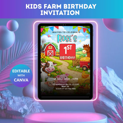 Farm Birthday Invitation Template | Editable Kids Farm Party Digital Invite