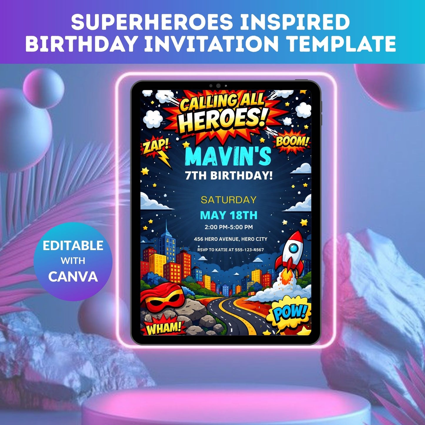 Superheroes Birthday Invitation Template | Editable Kids Hero Party Digital Invite