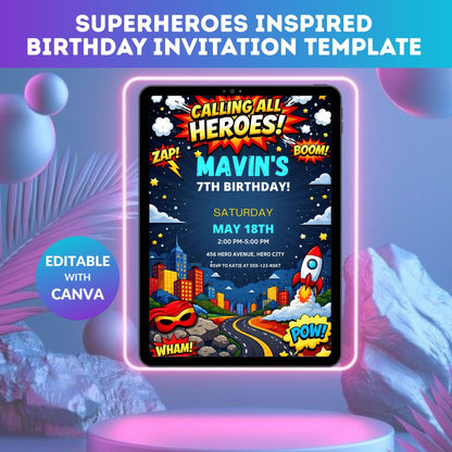 Superheroes Birthday Invitation Template | Editable Kids Hero Party Digital Invite