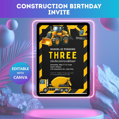 construction invite, builder party, kids birthday, truck invite, birthday invite, editable invite, boy birthday, party template, digital invite, construction theme, kids party, truck party, fun invite
