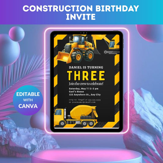 construction invite, builder party, kids birthday, truck invite, birthday invite, editable invite, boy birthday, party template, digital invite, construction theme, kids party, truck party, fun invite