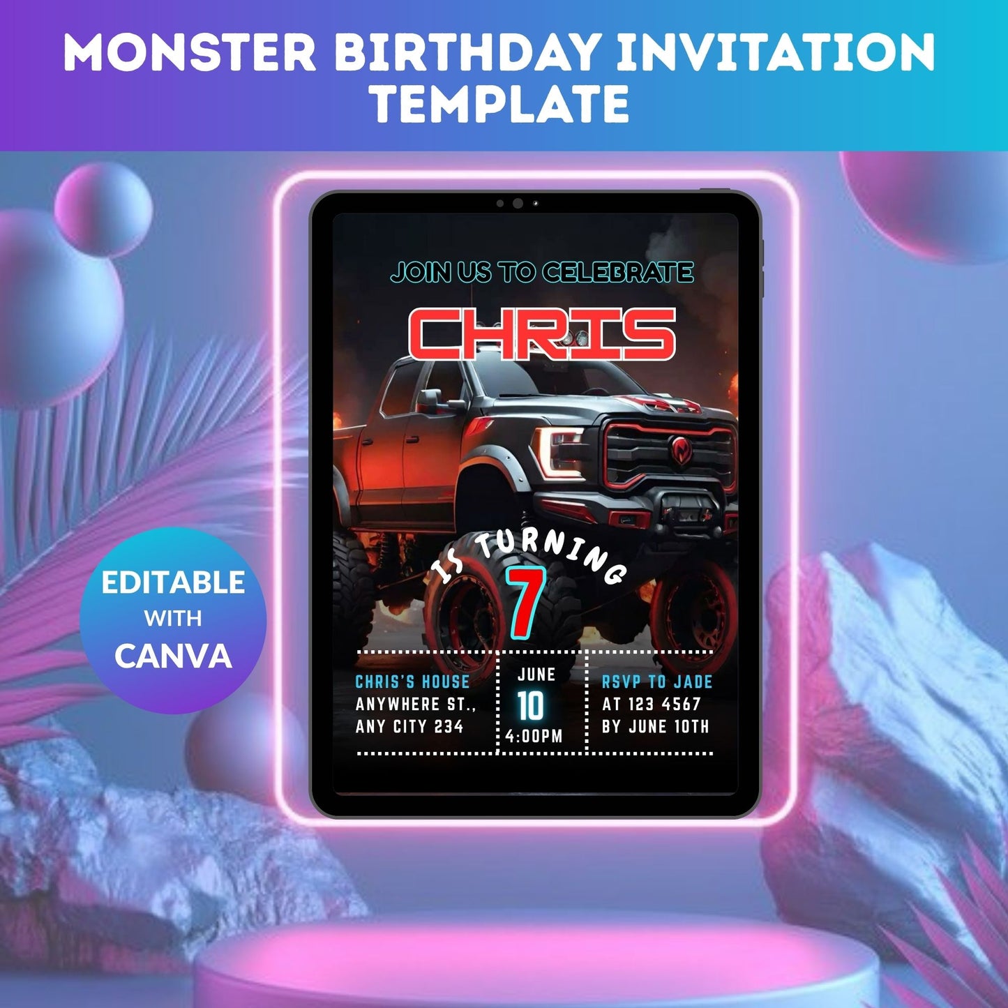 Monster Birthday Invitation Template | Editable Kids Monster Party Digital Invite