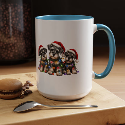 Christmas Puppy Coffee Mug — Cute Schnauzer Trio with Santa Hats & Holiday Lights (11/15oz)