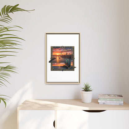 Framed Matte Canvas Wall Art — New York City Sunset Skyline with Statue of Liberty