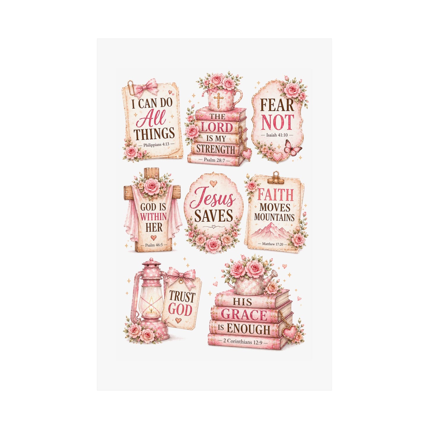 Christian Scripture Matte Poster - Floral 'Jesus Saves' & Encouraging Verses (Vertical)