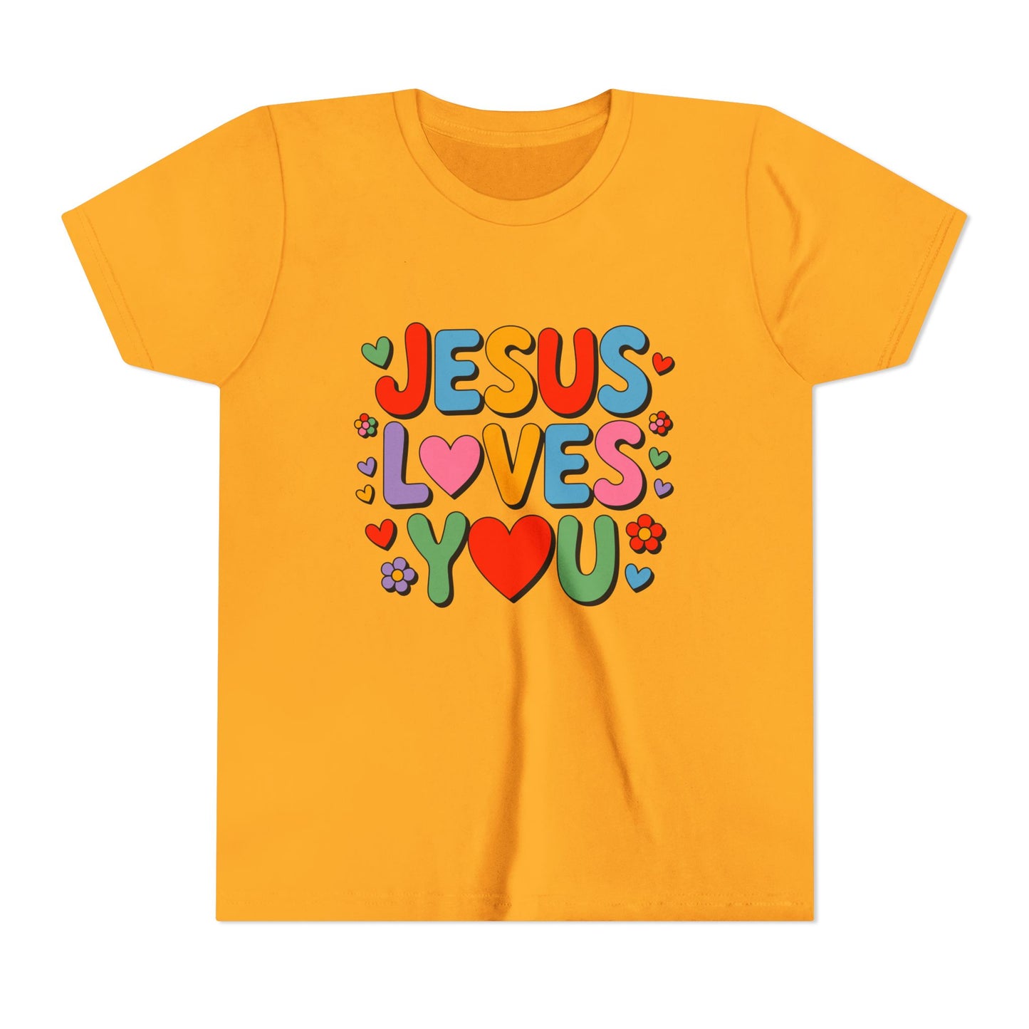 Youth Tee - "Jesus Loves You" Colorful Heart & Flower Christian Shirt