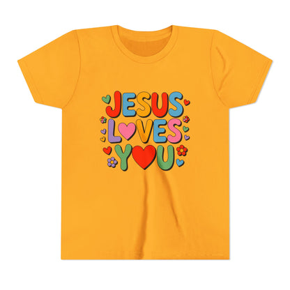 Youth Tee - "Jesus Loves You" Colorful Heart & Flower Christian Shirt