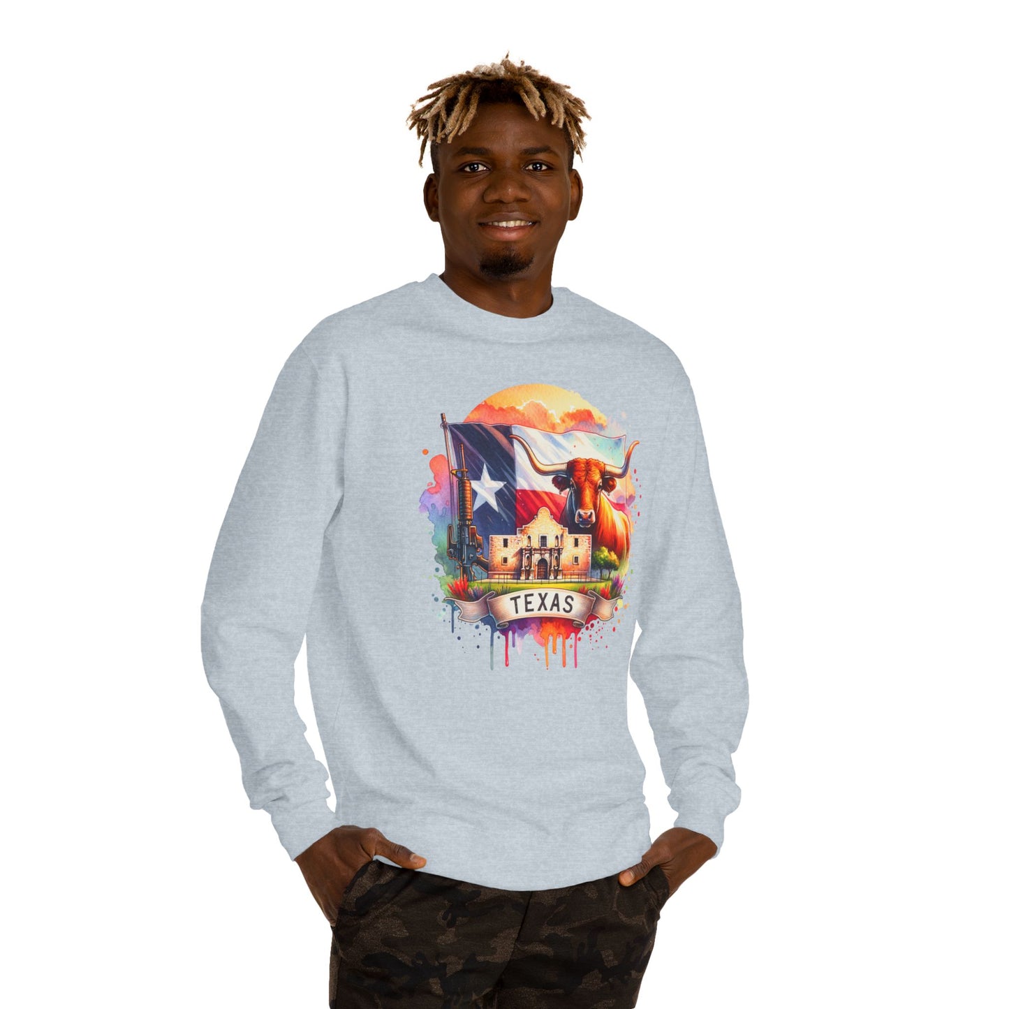 Texas Watercolor Flag Sweatshirt — Longhorn & Alamo Graphic