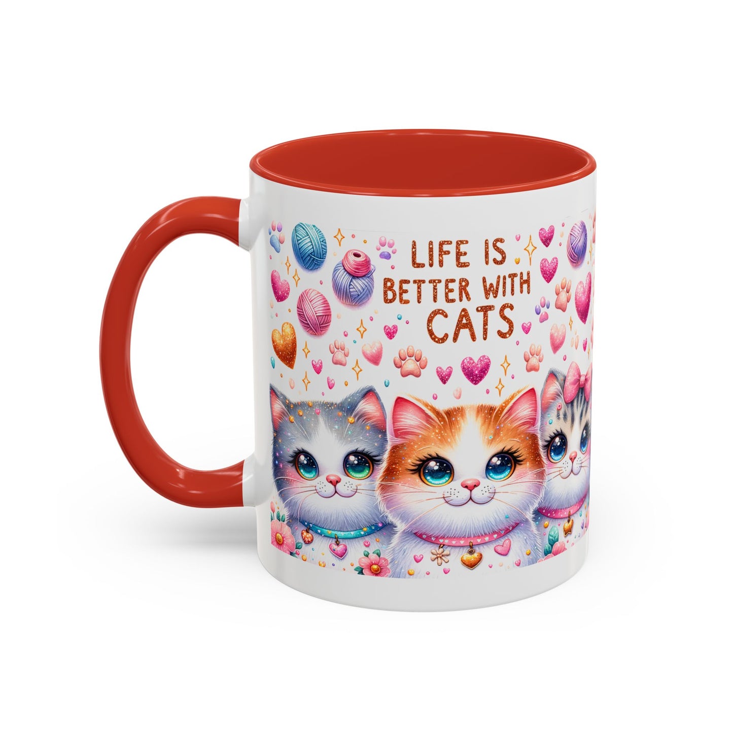 Cat Lover Accent Coffee Mug — "Life Is Better With Cats" Cute Kittens Design (11/15oz)