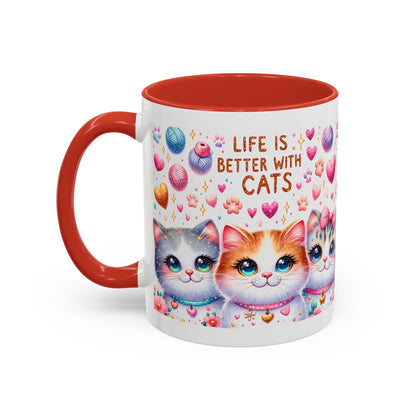 Cat Lover Accent Coffee Mug — "Life Is Better With Cats" Cute Kittens Design (11/15oz)