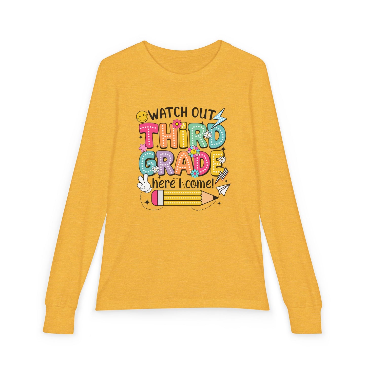 Youth Long Sleeve Tee "Watch Out Third Grade Here I Come" Back-to-School Shirt