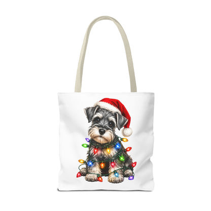 Christmas Schnauzer Tote Bag — Cute Puppy with Santa Hat & Holiday Lights